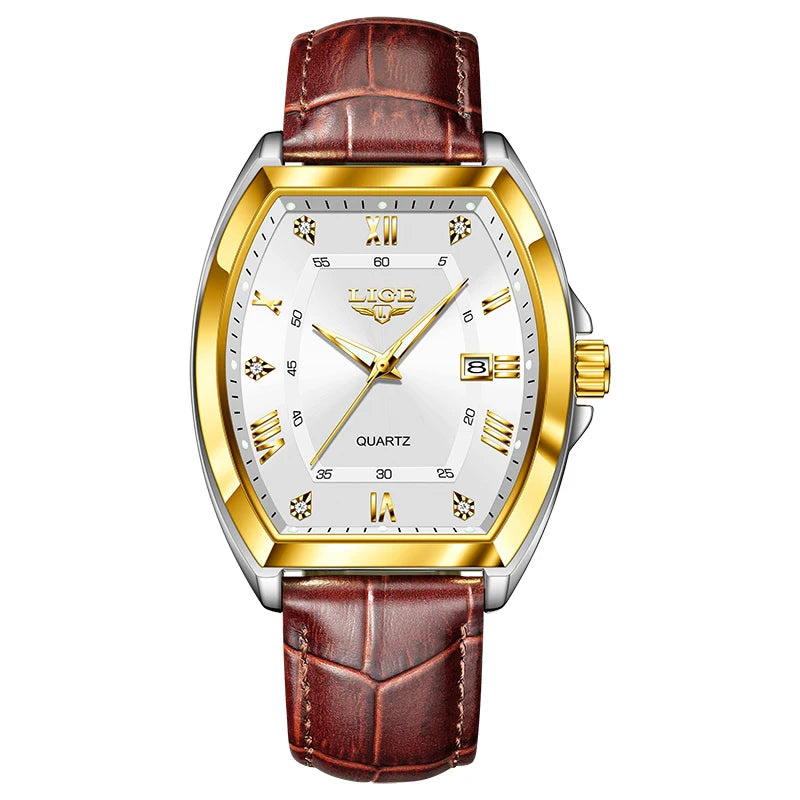 LIGE Men's Luxury Diamond Dial Leather Watch Waterproof Luminous