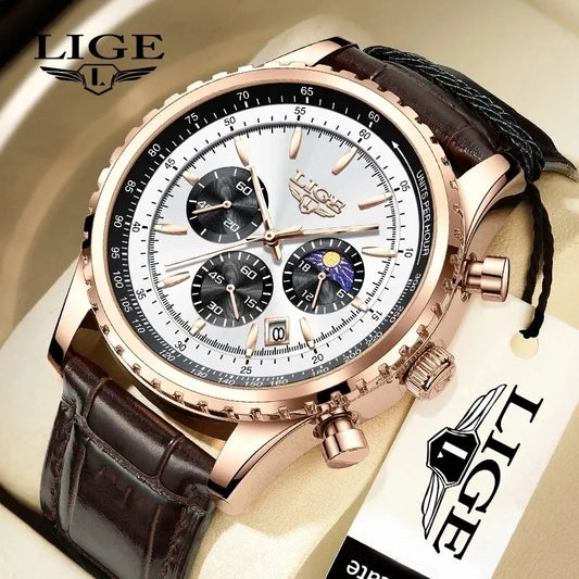 LIGE Men's Luxury Leather and Waterproof Wrist Watch