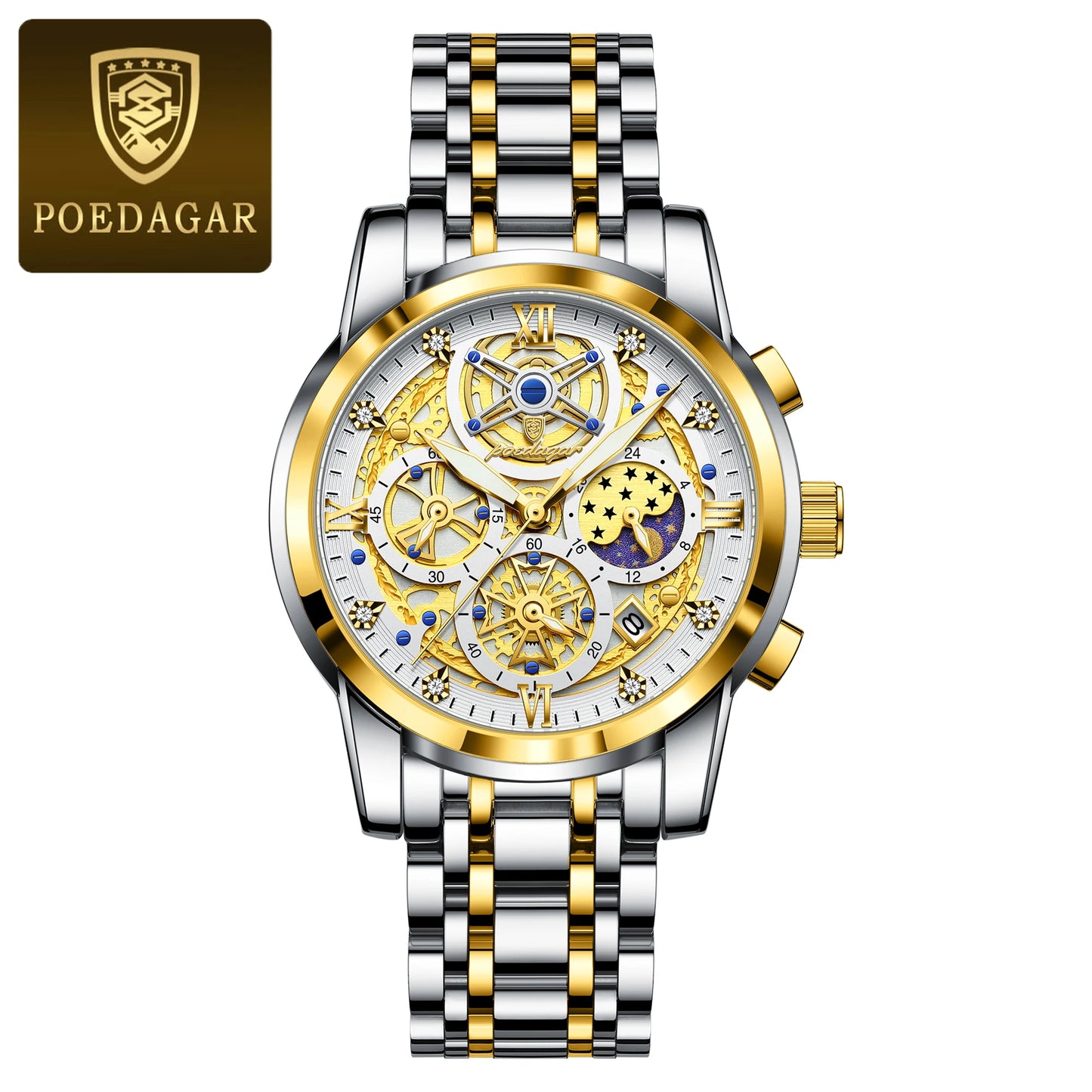POEDAGAR Luxury Fashion Men's Stainless Steel+Chronograph Wristwatch