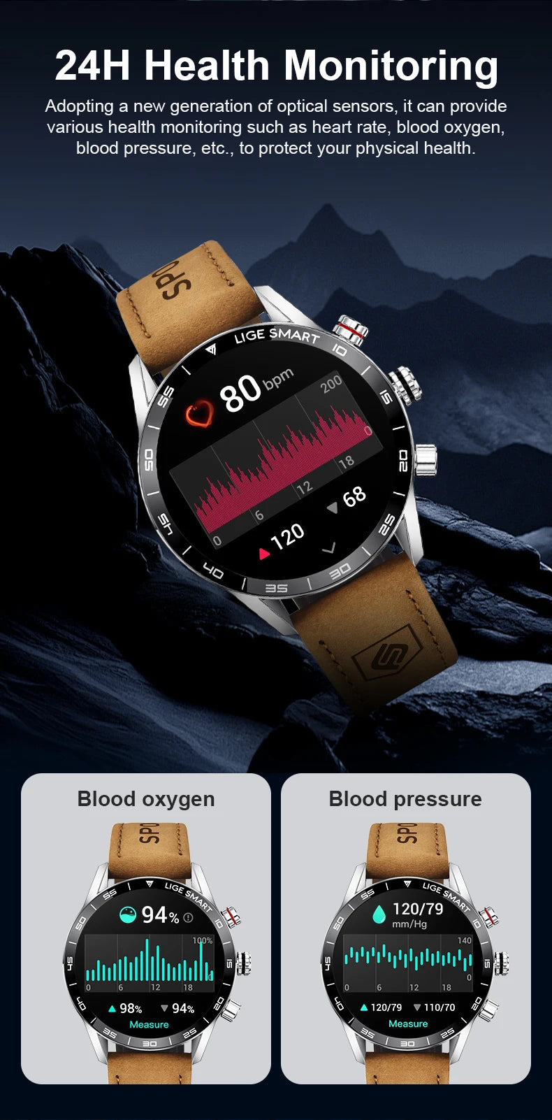 LIGE Men's Rugged Military GPS SmartWatch with HD Screen, Heart Rate, and Bluetooth