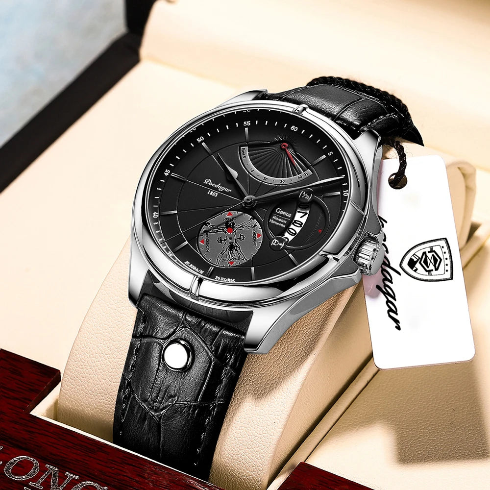 POEDAGAR Men's Luxury Business Leather Wristwatch Waterproof Luminous