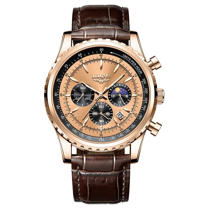 LIGE Men's Luxury Leather and Waterproof Wrist Watch