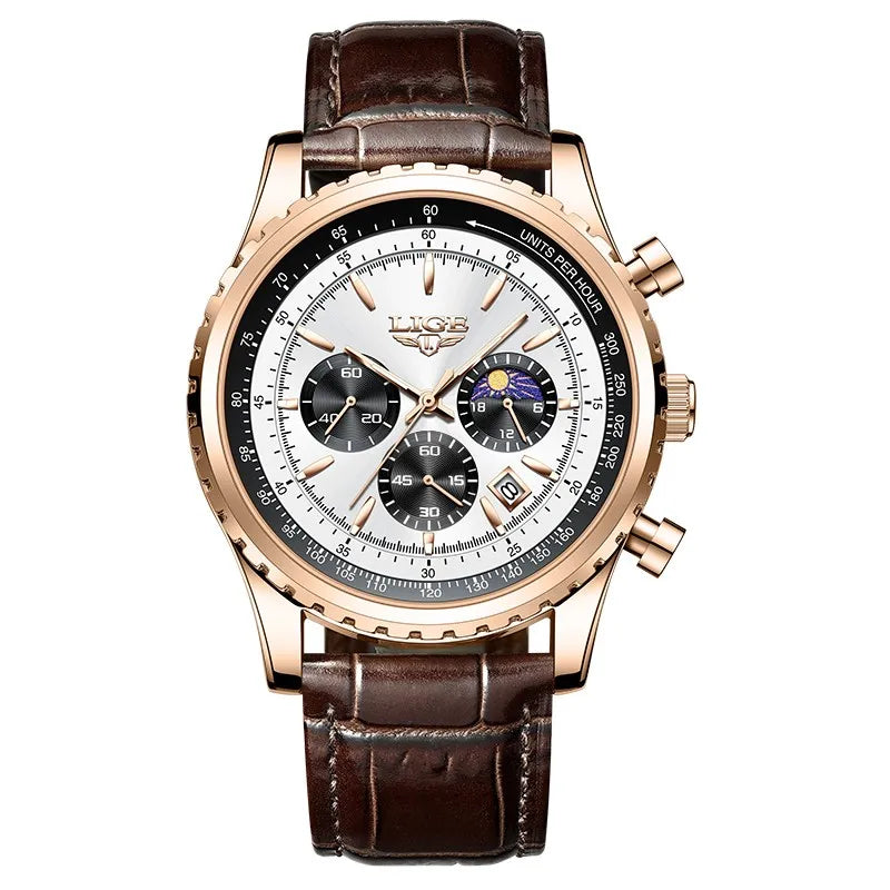 LIGE Men's Luxury Leather and Waterproof Wrist Watch