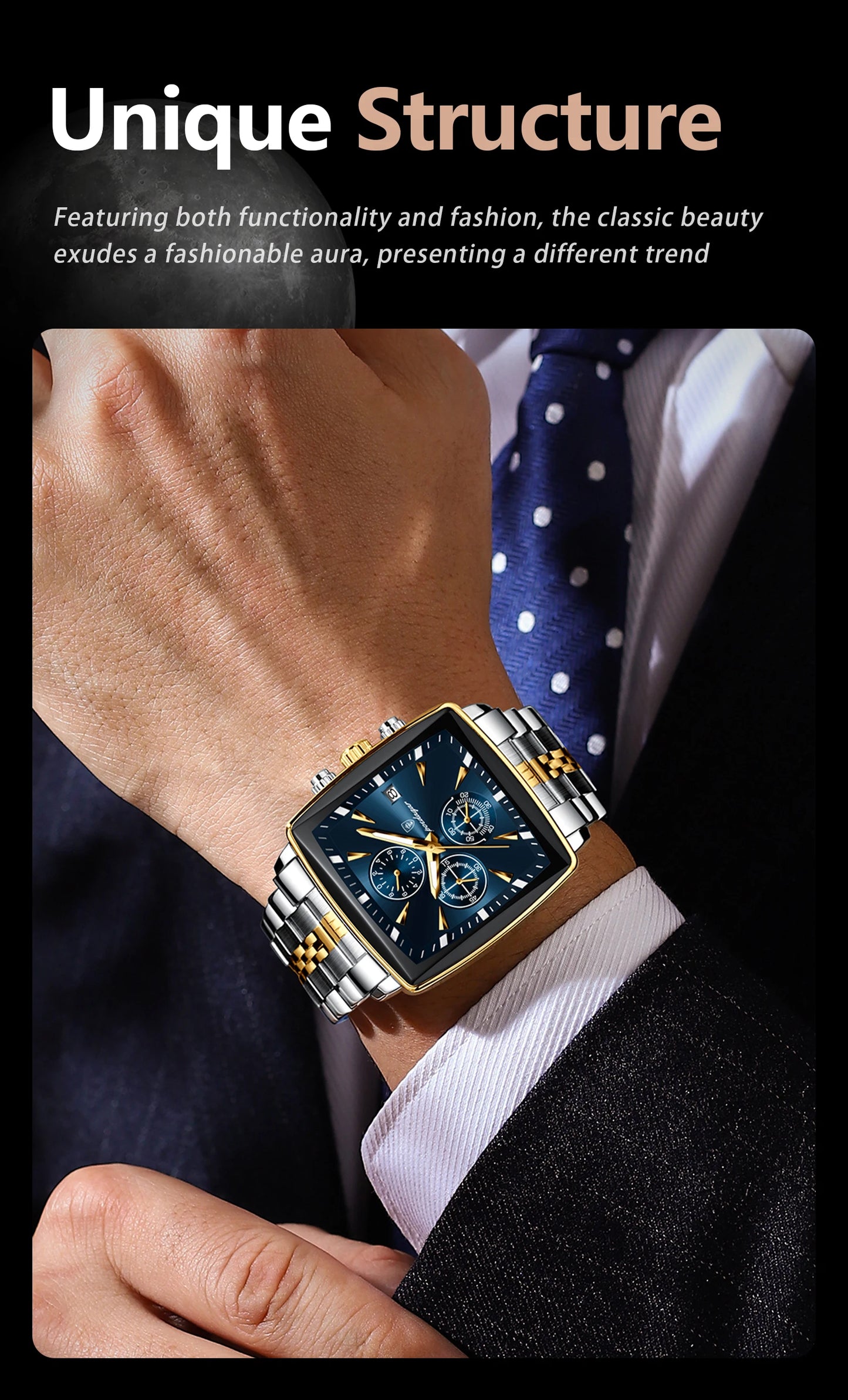 POEDAGAR Men's Luminous Waterproof Square Face Chronograph Stainless Steel Wristwatch