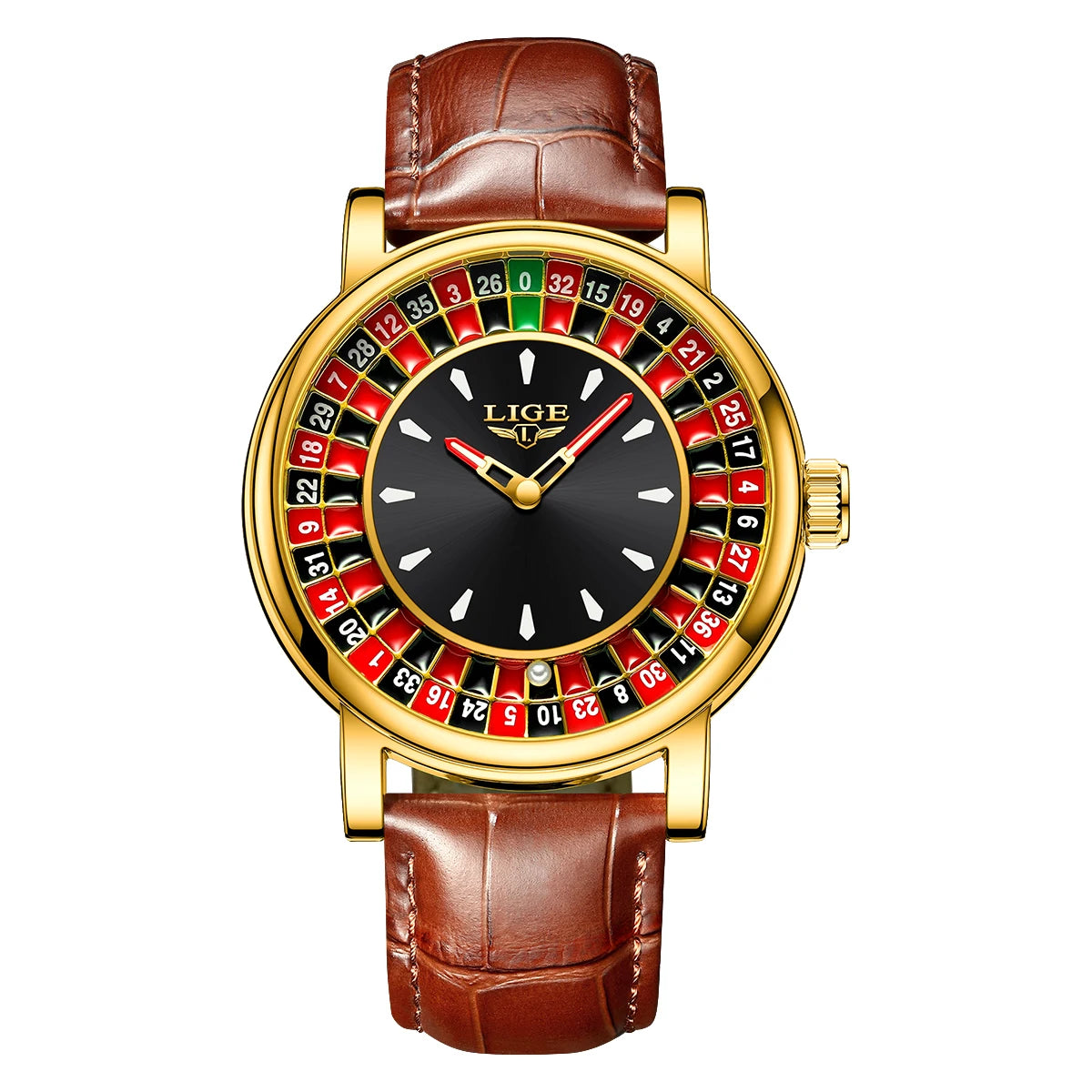 LIGE Men's Fashion Brown/Black Leather Watch Rotating Dial Las Vegas Roulette Waterproof