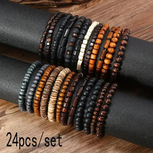 CHIROM SUPPLY 24pcs Men's Retro Multi-layer Wooden Bead Bracelet Set