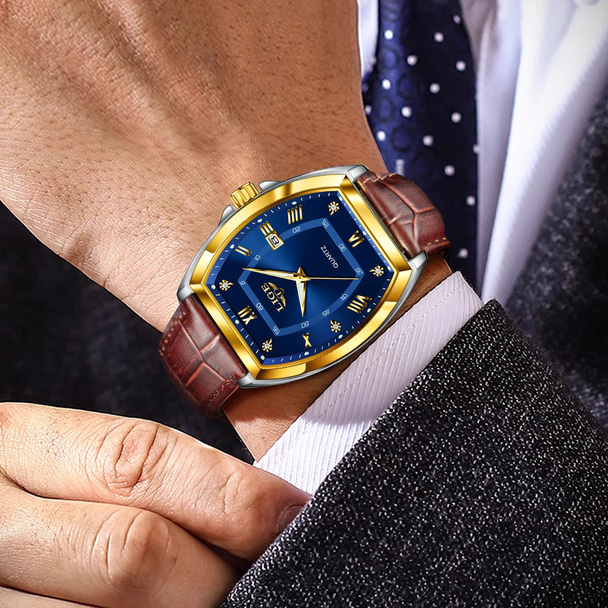 LIGE Men's Luxury Diamond Dial Leather Watch Waterproof Luminous
