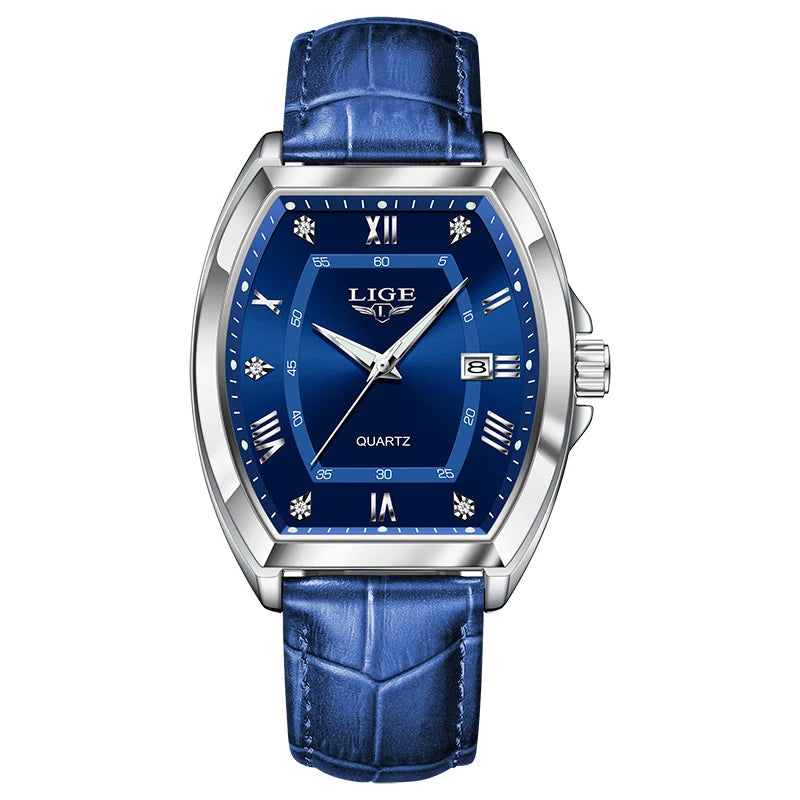 LIGE Men's Luxury Diamond Dial Leather Watch Waterproof Luminous