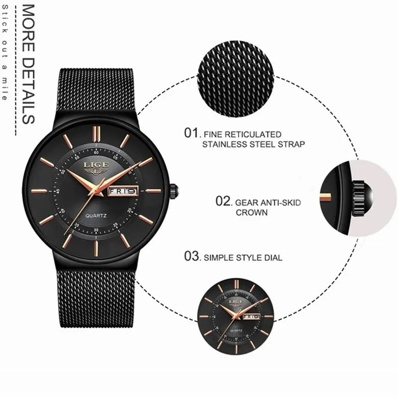LIGE Luxury Men's Ultra Thin Watch Waterproof