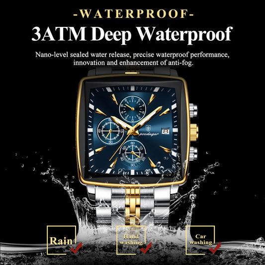 POEDAGAR Men's Luminous Waterproof Square Face Chronograph Stainless Steel Wristwatch