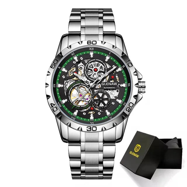 GLENAW Men's Steampunk Skeleton Waterproof Watch Luminous Stainless Steel Strap