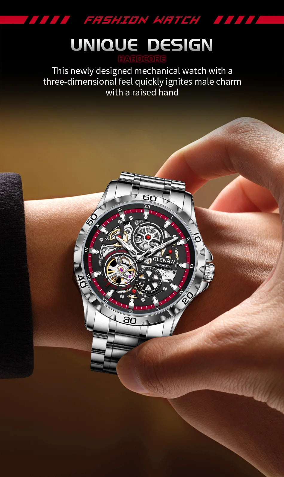 GLENAW Men's Steampunk Skeleton Waterproof Watch Luminous Stainless Steel Strap