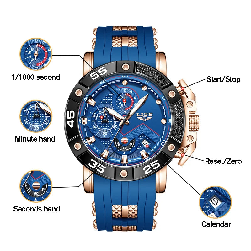 LIGE Men's Silicone Strap Military Sport Watch Waterproof Chronograph