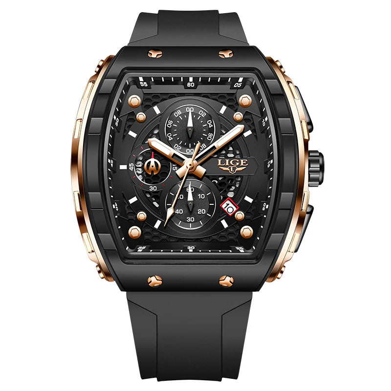 LIGE Men's Luxury Square Military Watch Silicone Waterproof