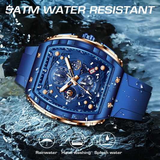 LIGE Men's Luxury Square Military Watch Silicone Waterproof