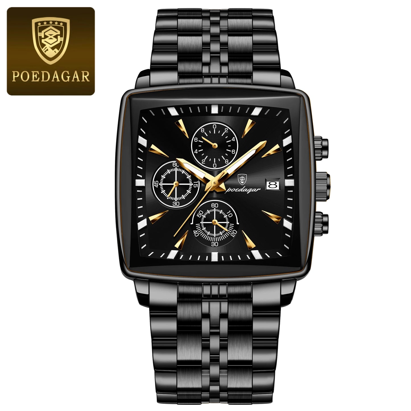POEDAGAR Men's Luminous Waterproof Square Face Chronograph Stainless Steel Wristwatch