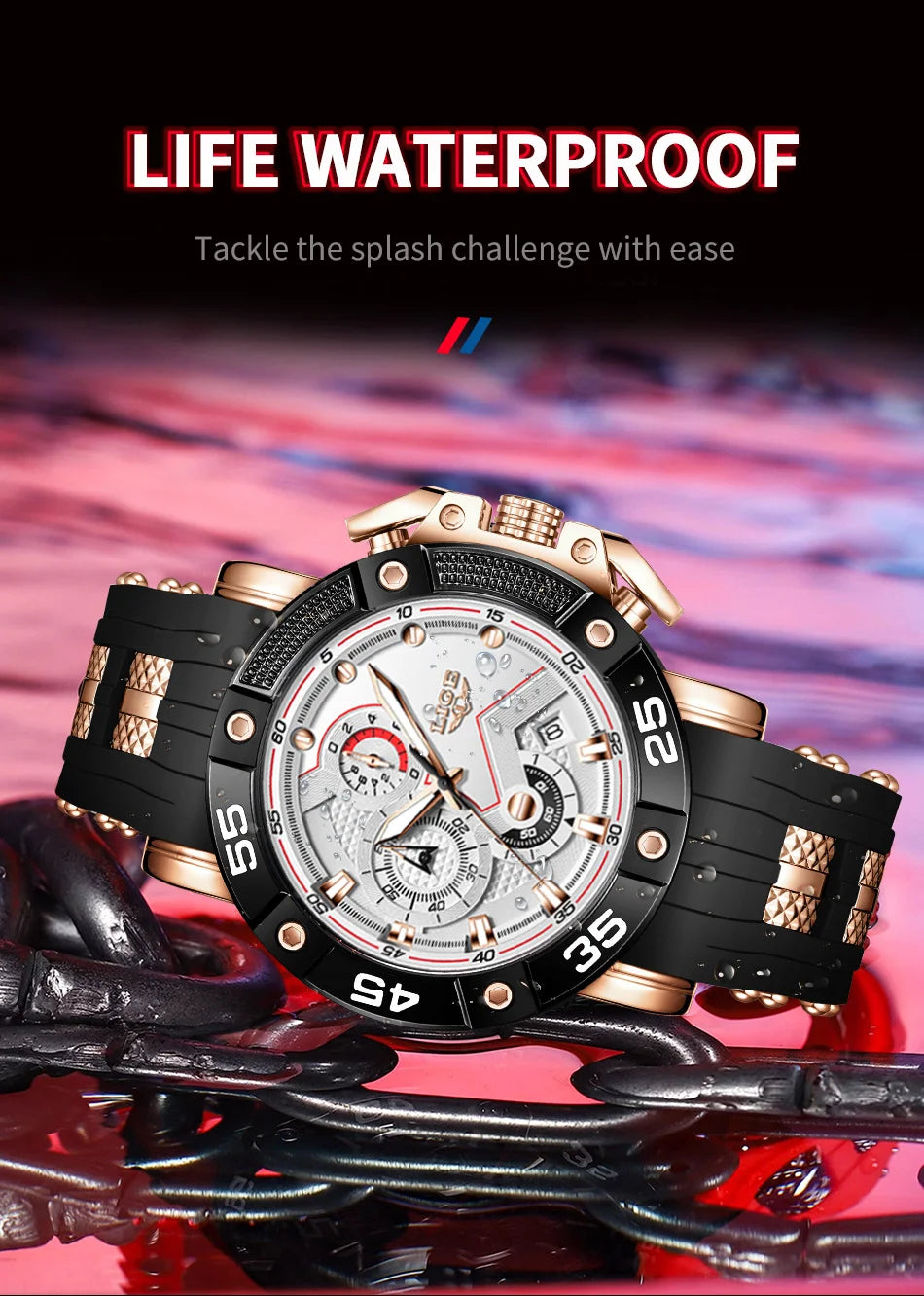 LIGE Men's Silicone Strap Military Sport Watch Waterproof Chronograph