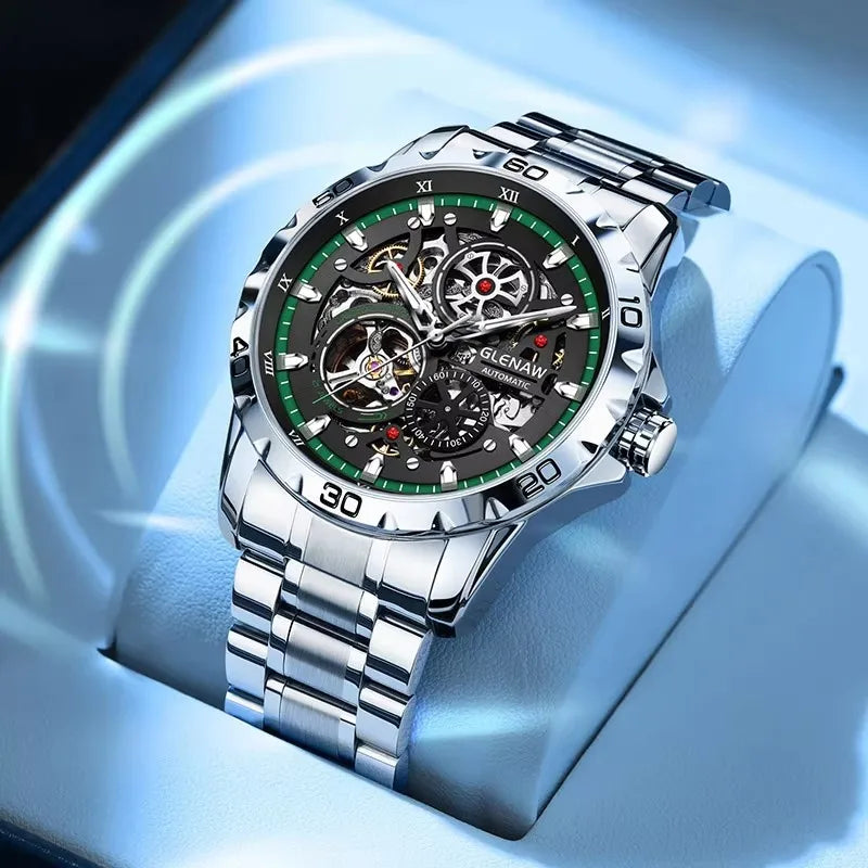 GLENAW Men's Steampunk Skeleton Waterproof Watch Luminous Stainless Steel Strap