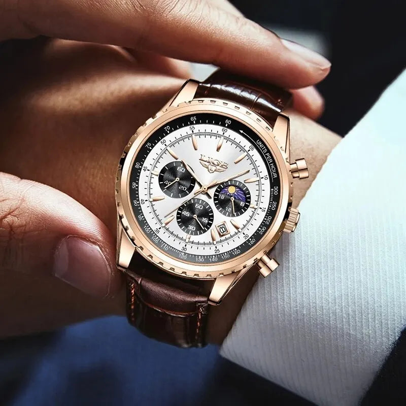LIGE Men's Luxury Leather and Waterproof Wrist Watch