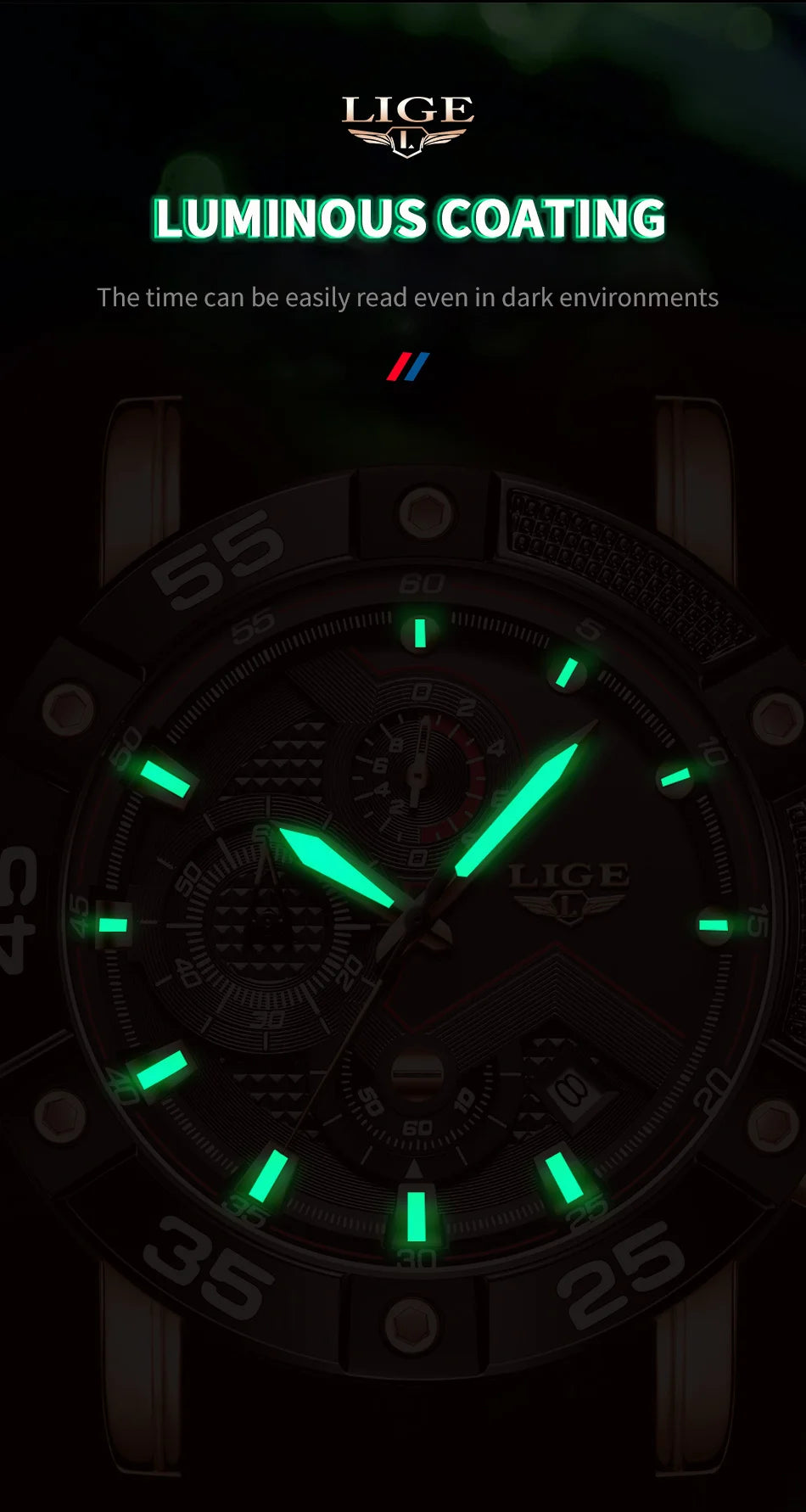 LIGE Men's Silicone Strap Military Sport Watch Waterproof Chronograph