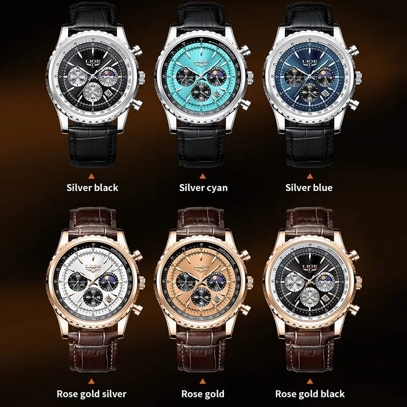 LIGE Men's Luxury Leather and Waterproof Wrist Watch
