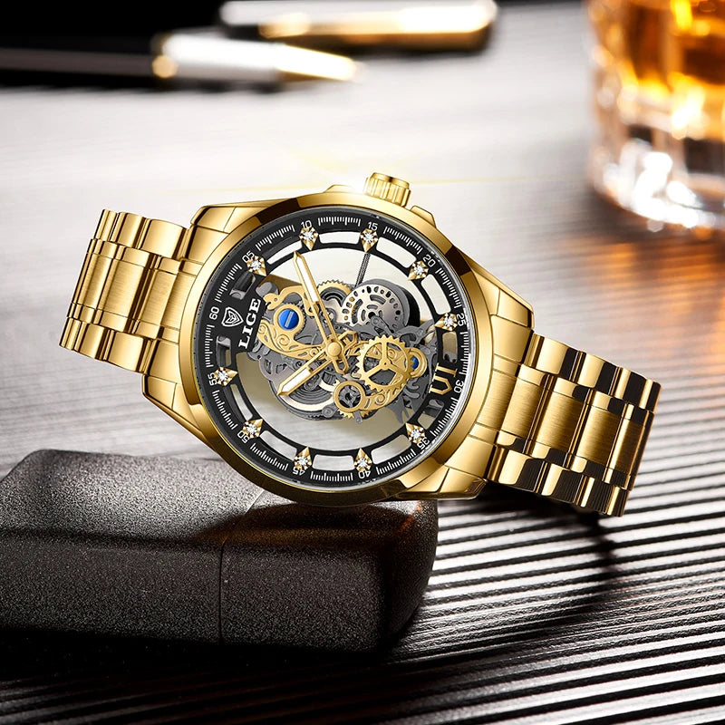 LIGE Men's Automatic Skeleton Watch