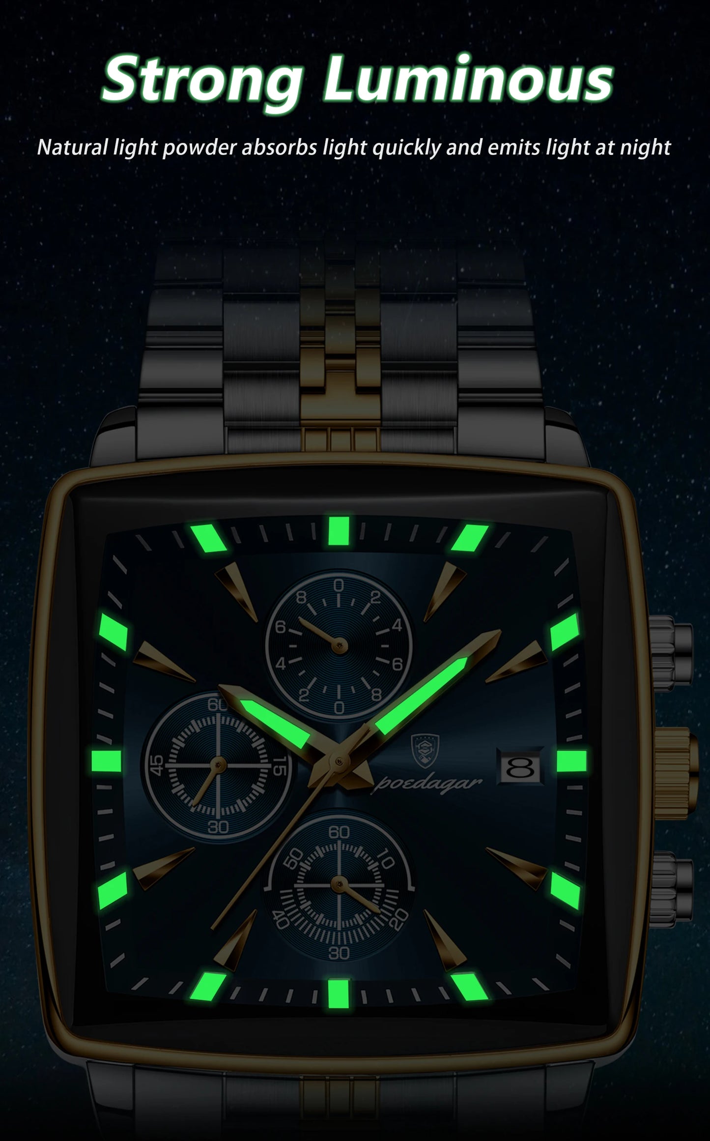 POEDAGAR Men's Luminous Waterproof Square Face Chronograph Stainless Steel Wristwatch