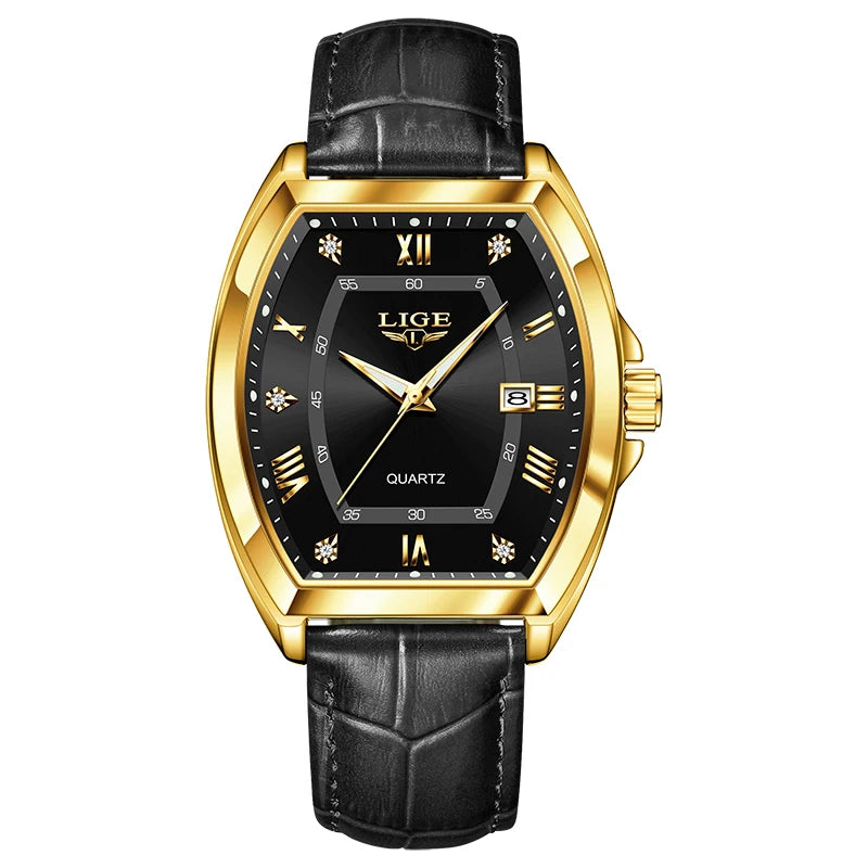 LIGE Men's Luxury Diamond Dial Leather Watch Waterproof Luminous
