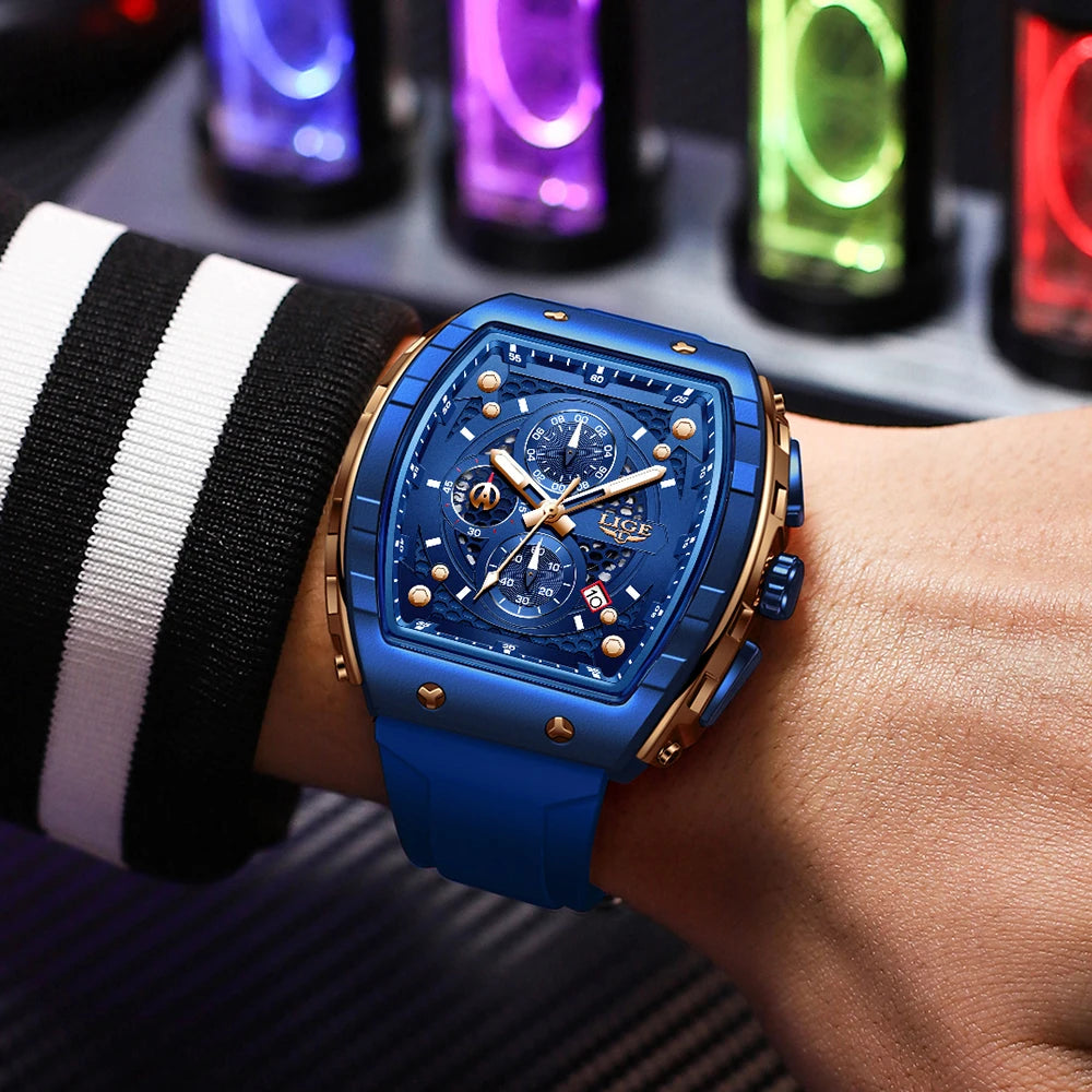 LIGE Men's Luxury Square Military Watch Silicone Waterproof