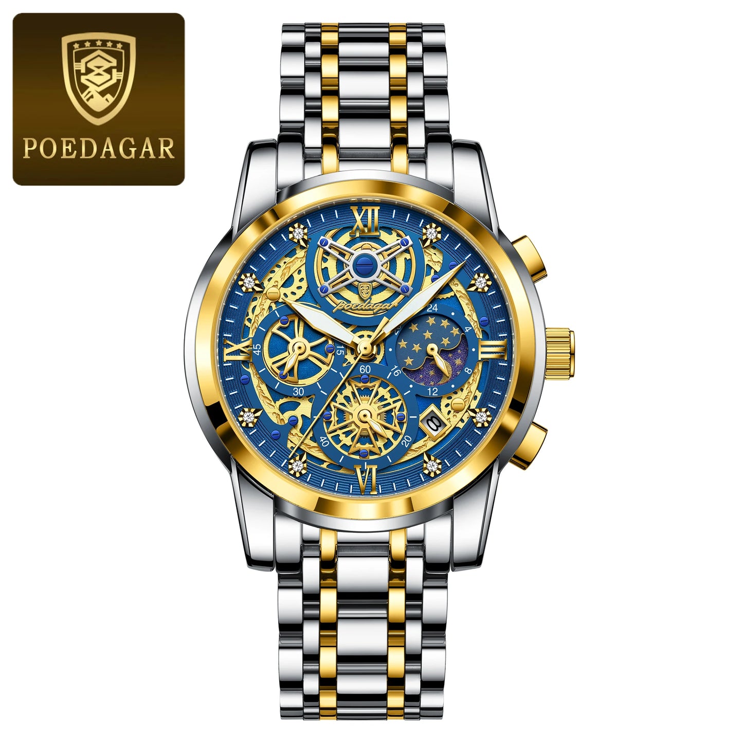 POEDAGAR Luxury Fashion Men's Stainless Steel+Chronograph Wristwatch