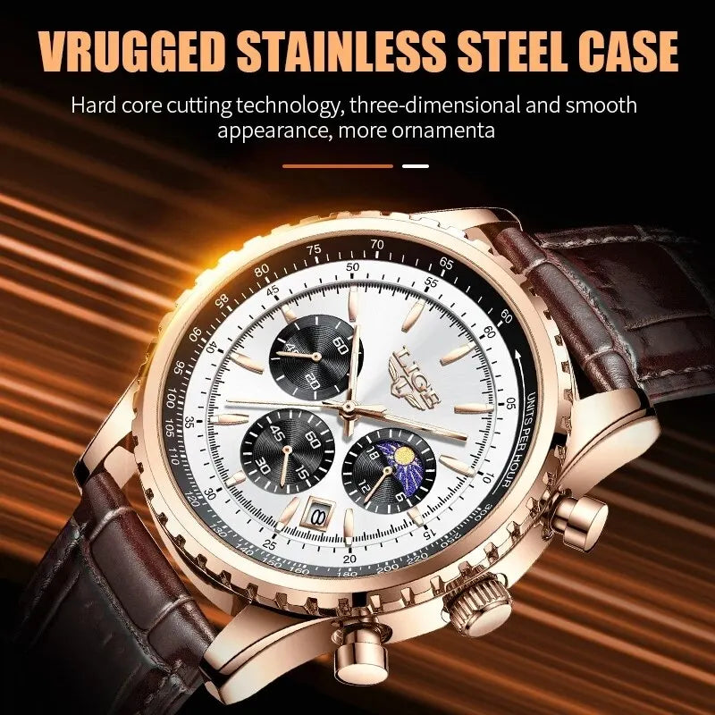 LIGE Men's Luxury Leather and Waterproof Wrist Watch