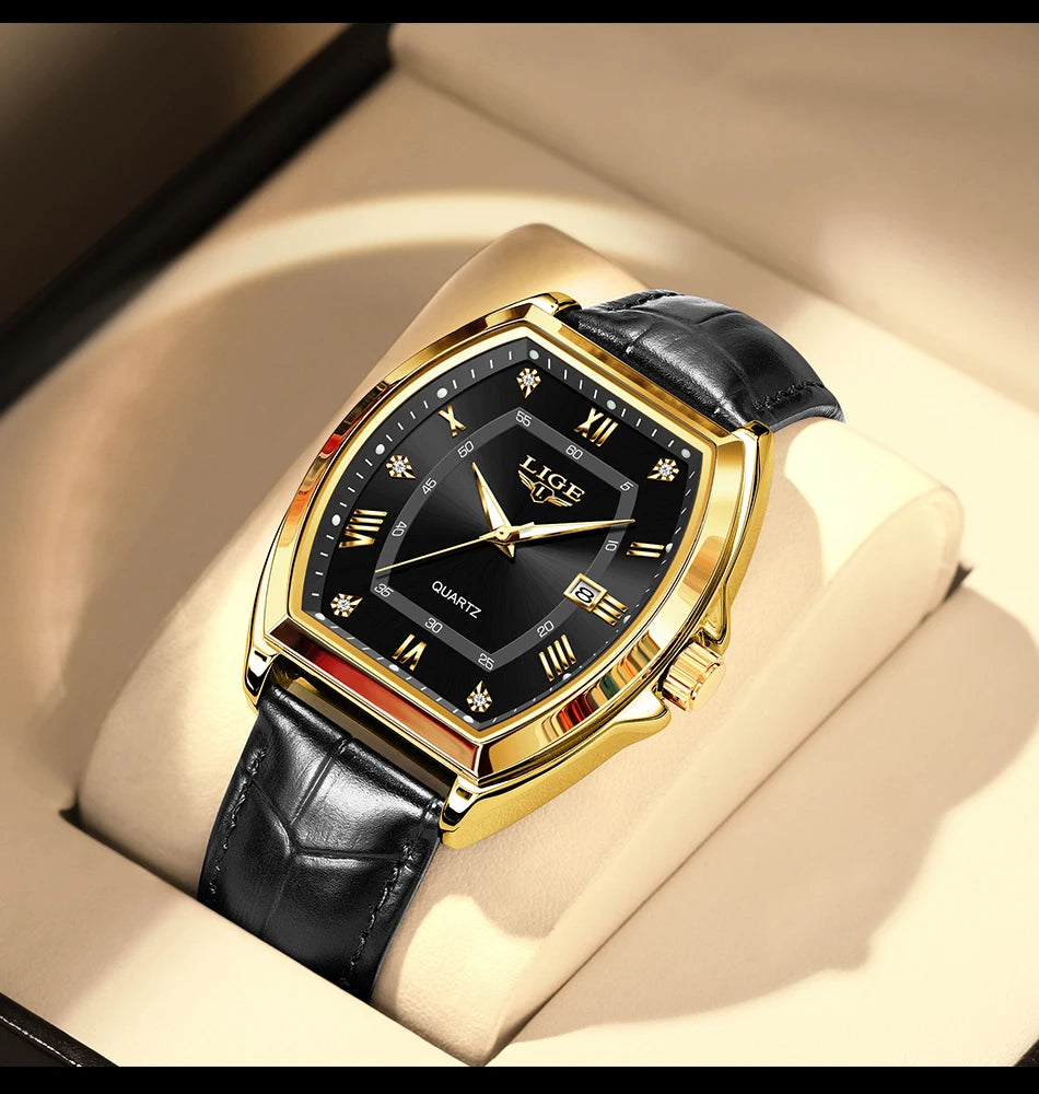 LIGE Men's Luxury Diamond Dial Leather Watch Waterproof Luminous