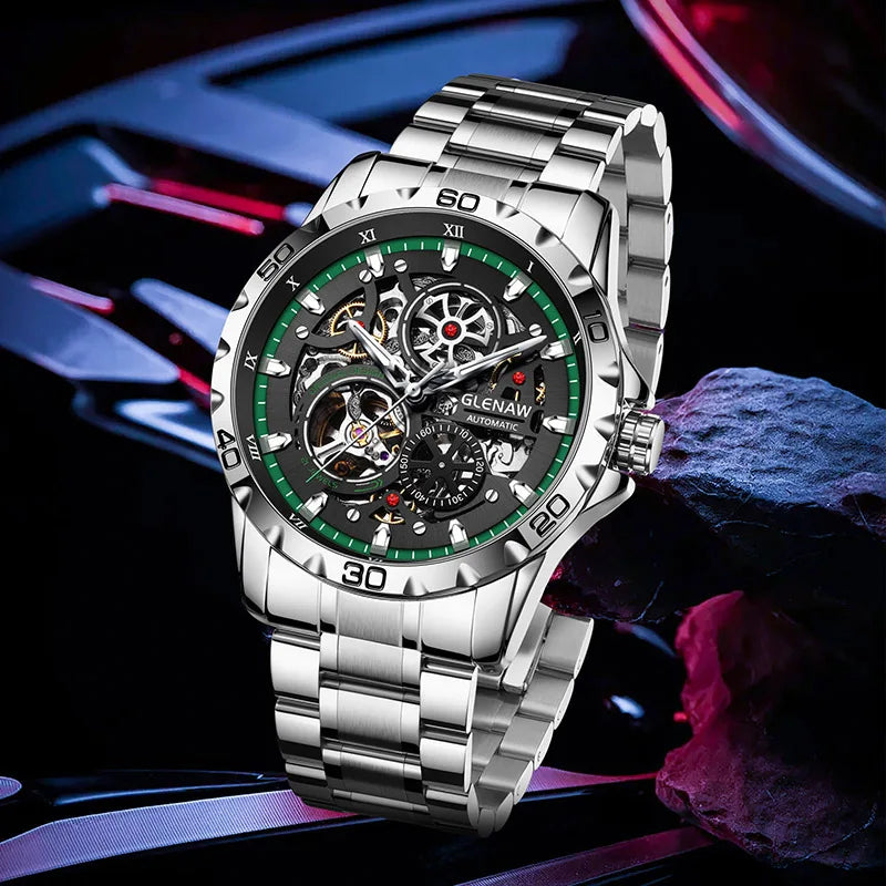 GLENAW Men's Steampunk Skeleton Waterproof Watch Luminous Stainless Steel Strap