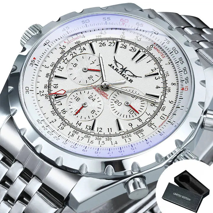 JARAGAR Men's Military Luxury Sport Watch Brand with Silver Stainless Steel Strap