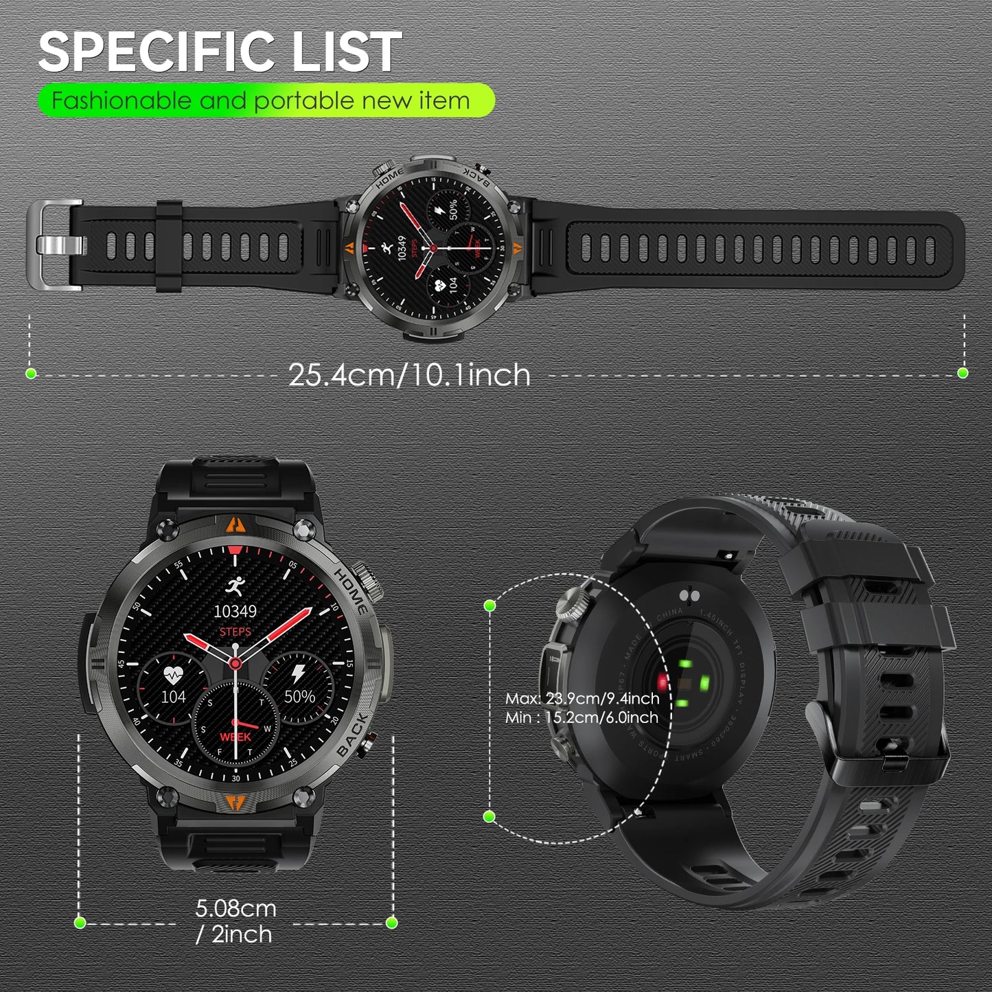 EIGIIS New Men's KE3 Bluetooth Touch Screen Smart Watch with Health Monitor & Flashlight For IOS & Android.