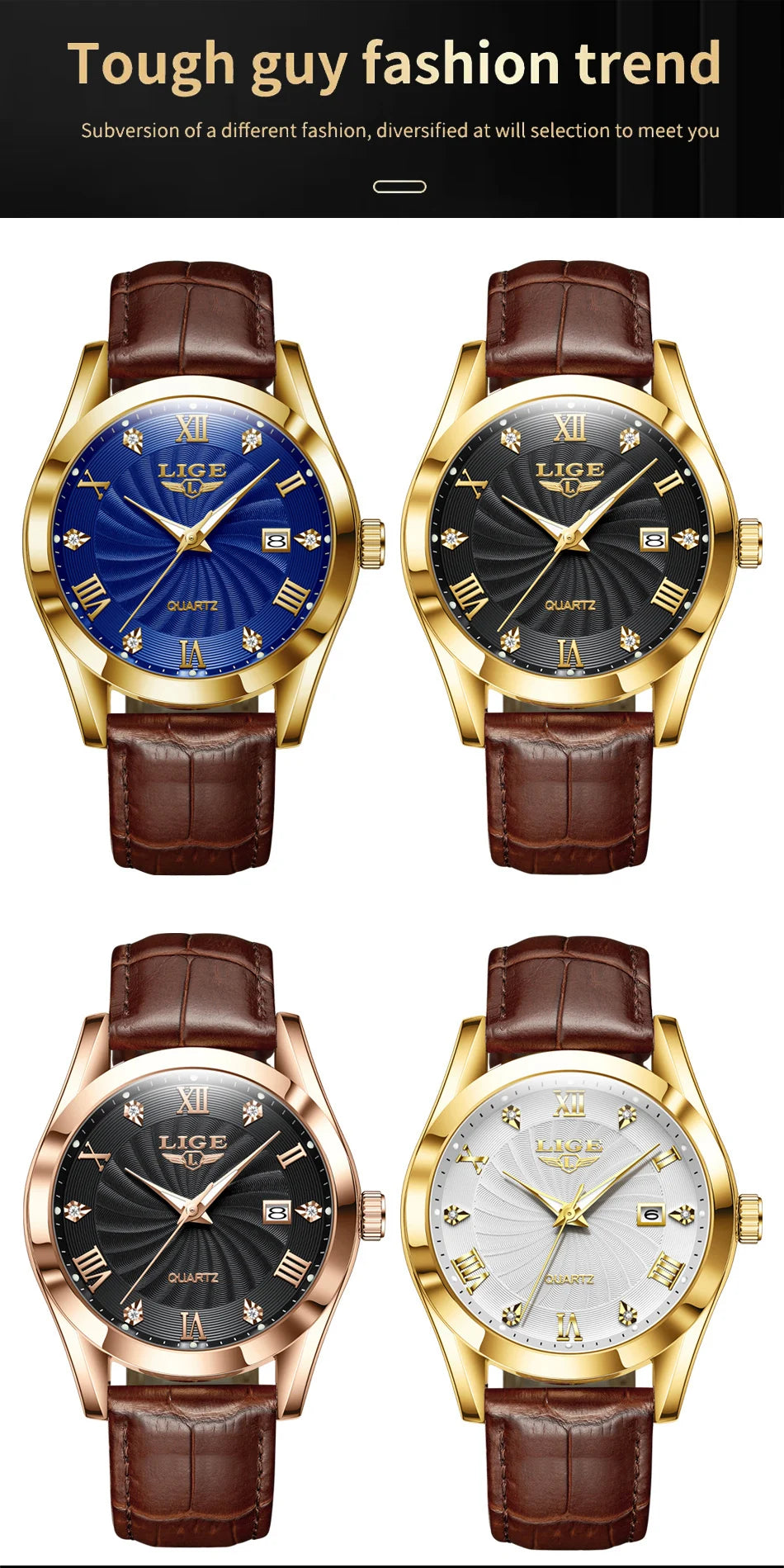 LIGE Men's Luxury Leather Sports Watch Waterproof Luminous