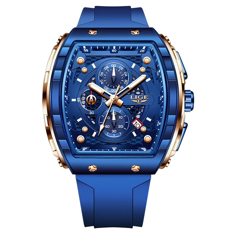 LIGE Men's Luxury Square Military Watch Silicone Waterproof