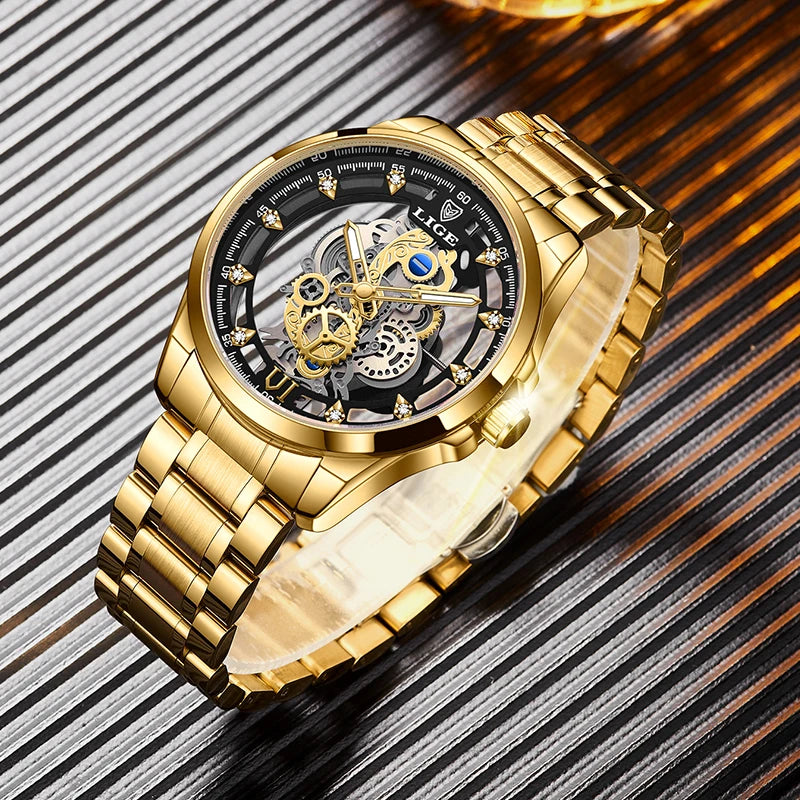 LIGE Men's Automatic Skeleton Watch