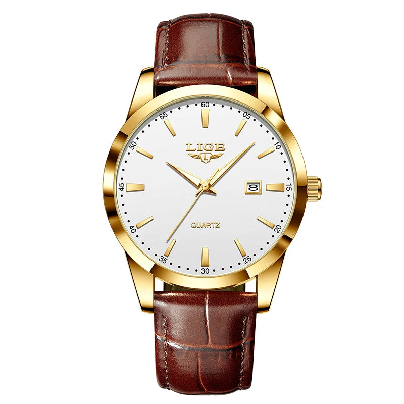 LIGE Men's Brown Leather Military Sports Watch Chronograph