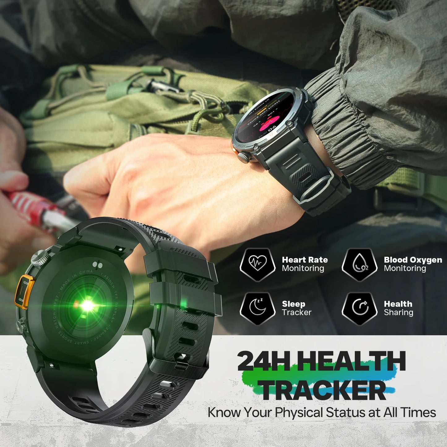 EIGIIS New Men's KE3 Bluetooth Touch Screen Smart Watch with Health Monitor & Flashlight For IOS & Android.