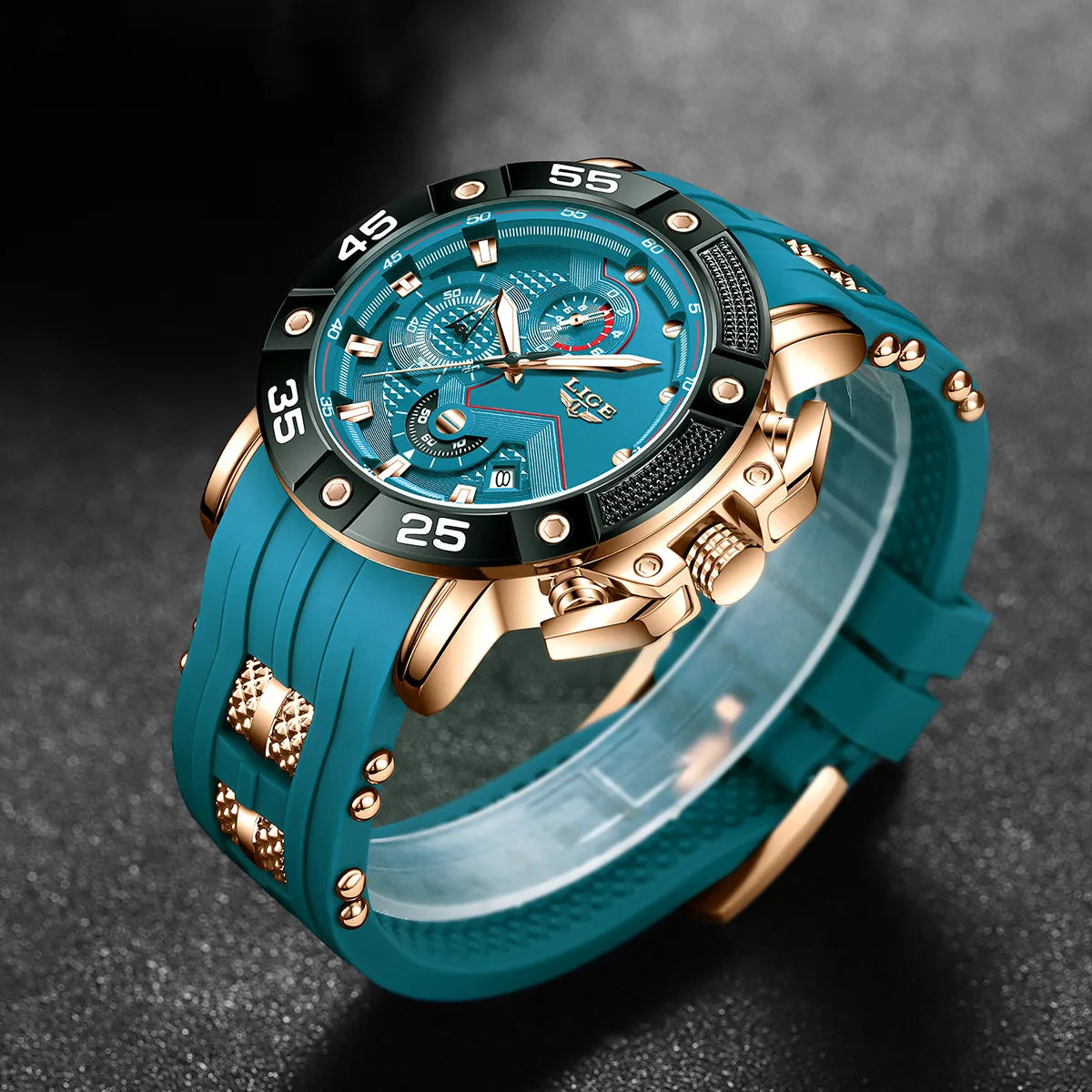 LIGE Men's Silicone Strap Military Sport Watch Waterproof Chronograph