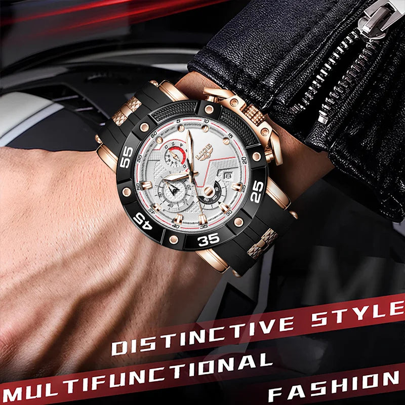 LIGE Men's Silicone Strap Military Sport Watch Waterproof Chronograph