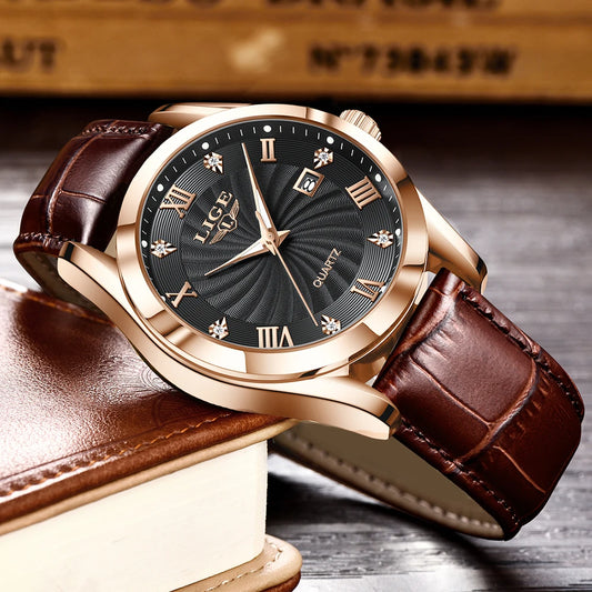 LIGE Men's Luxury Leather Sports Watch Waterproof Luminous