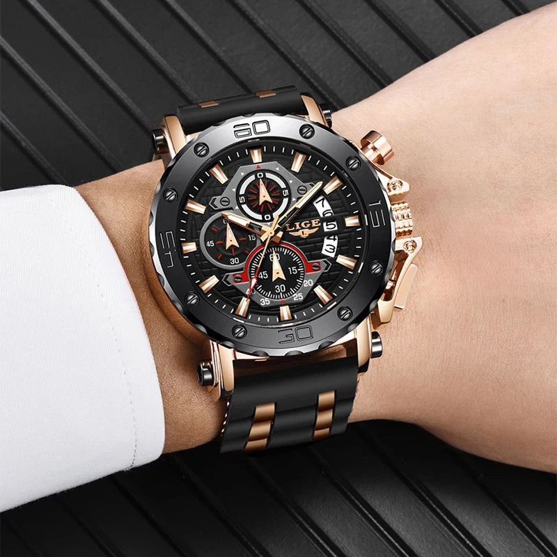 LIGE New Luxury Business Military Sports Waterproof Wristwatch for Men with Silicone Band