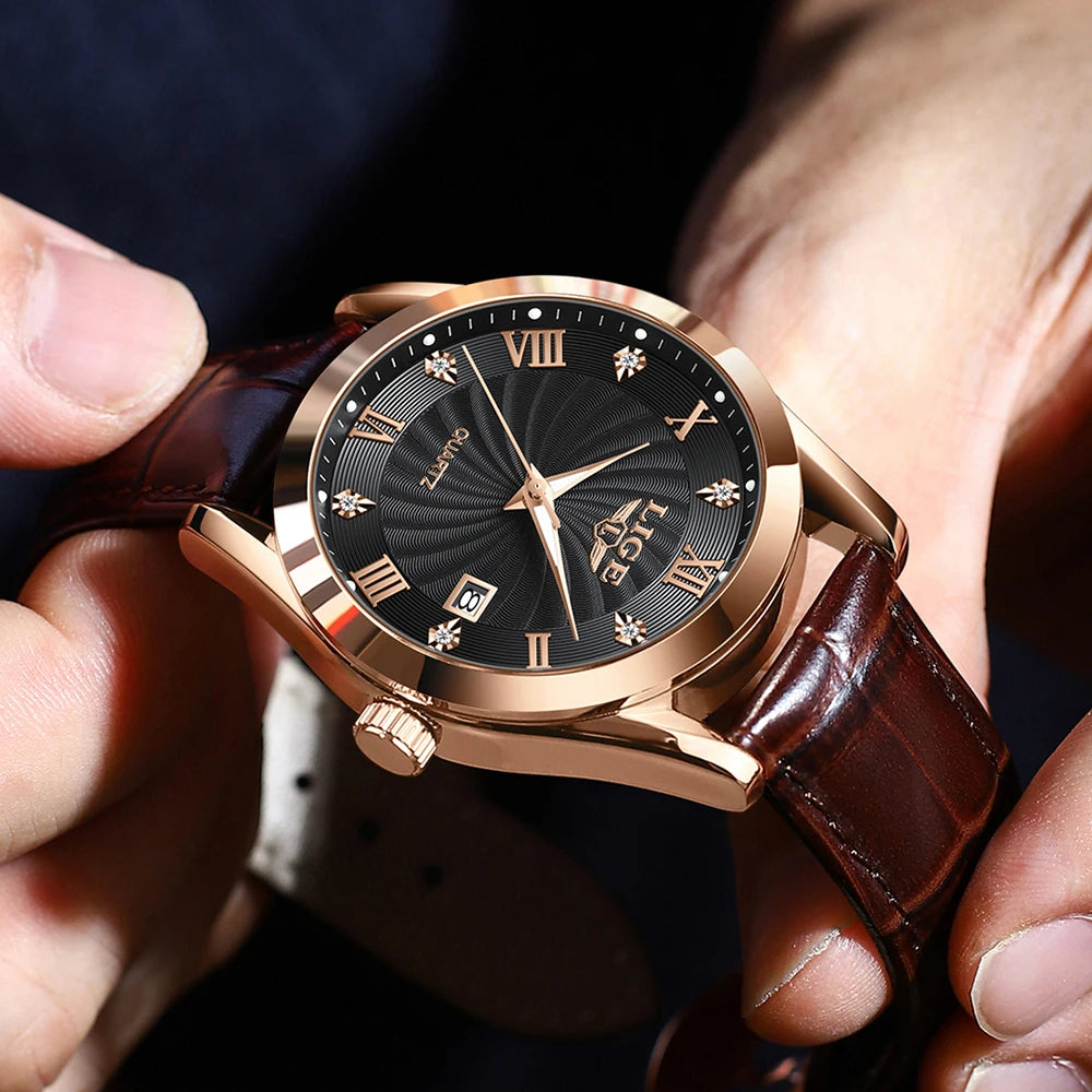 LIGE Men's Luxury Leather Sports Watch Waterproof Luminous