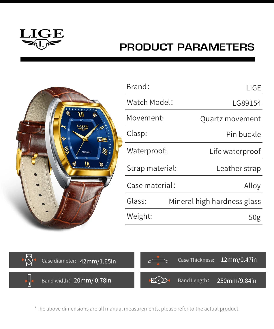 LIGE Men's Luxury Diamond Dial Leather Watch Waterproof Luminous