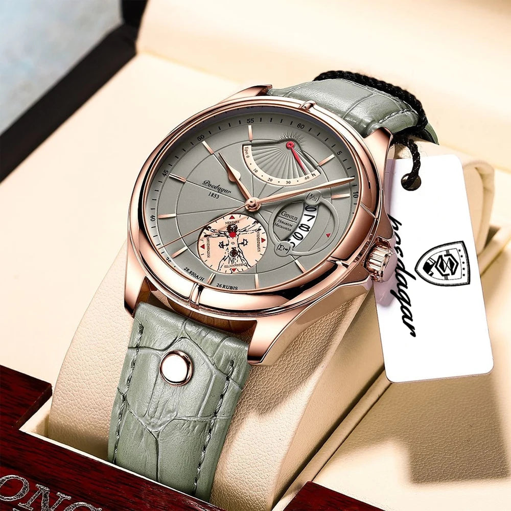 POEDAGAR Men's Luxury Business Leather Wristwatch Waterproof Luminous