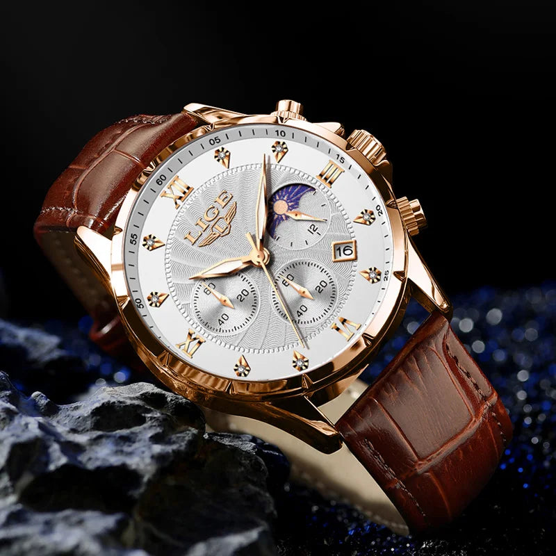 LIGE Men's Luxury Leather Casual Business Watch Waterproof Luminous