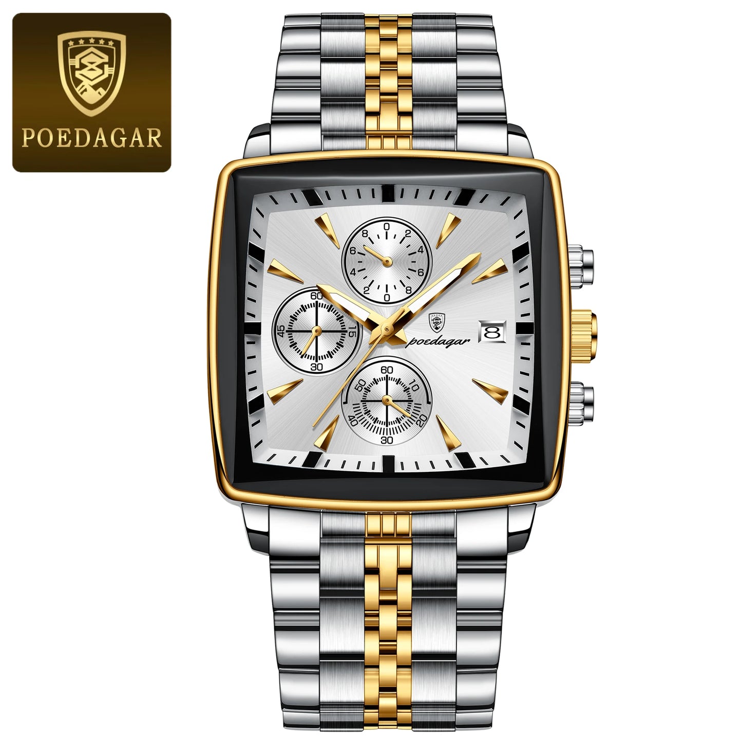 POEDAGAR Men's Business Waterproof Square Luminous Chronograph Watch Stainless Steel