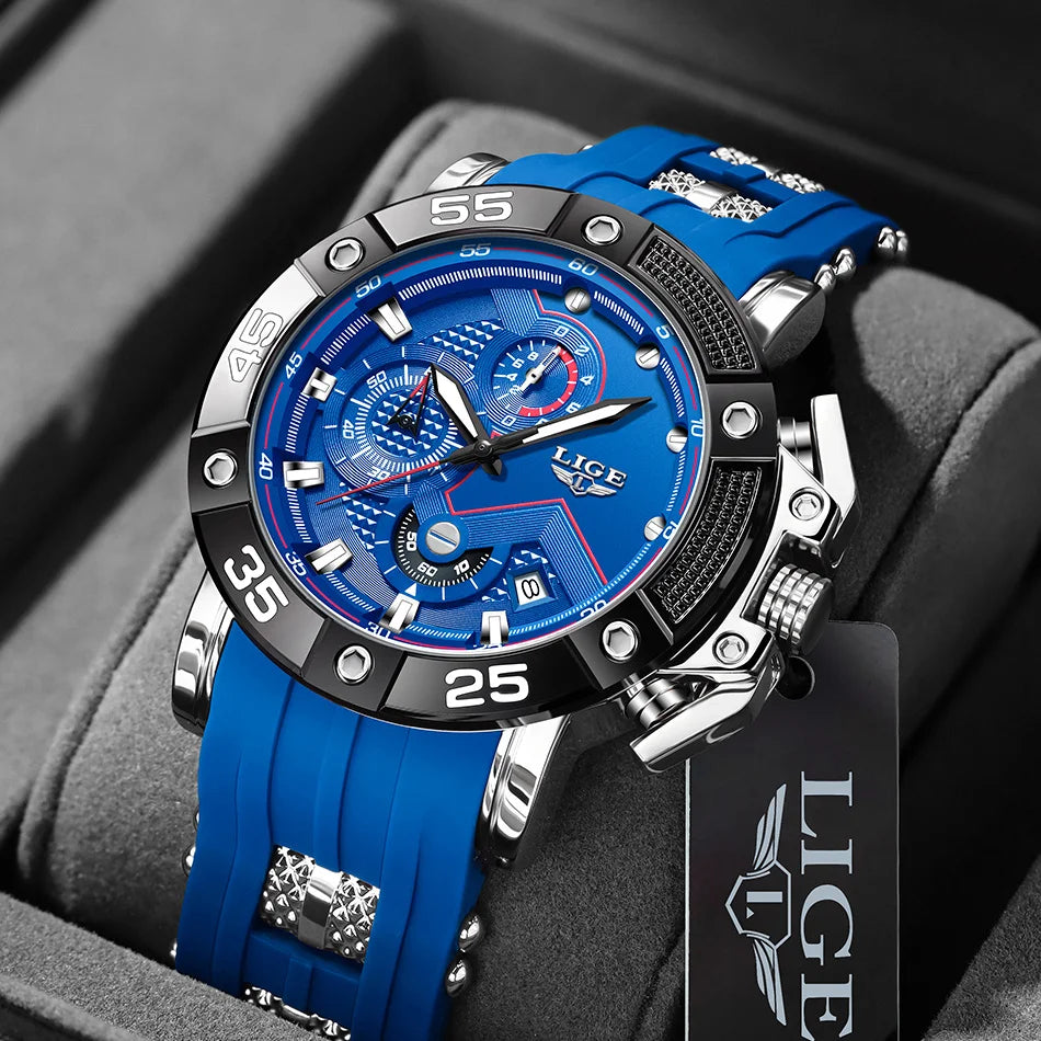 LIGE Men's Silicone Strap Military Sport Watch Waterproof Chronograph